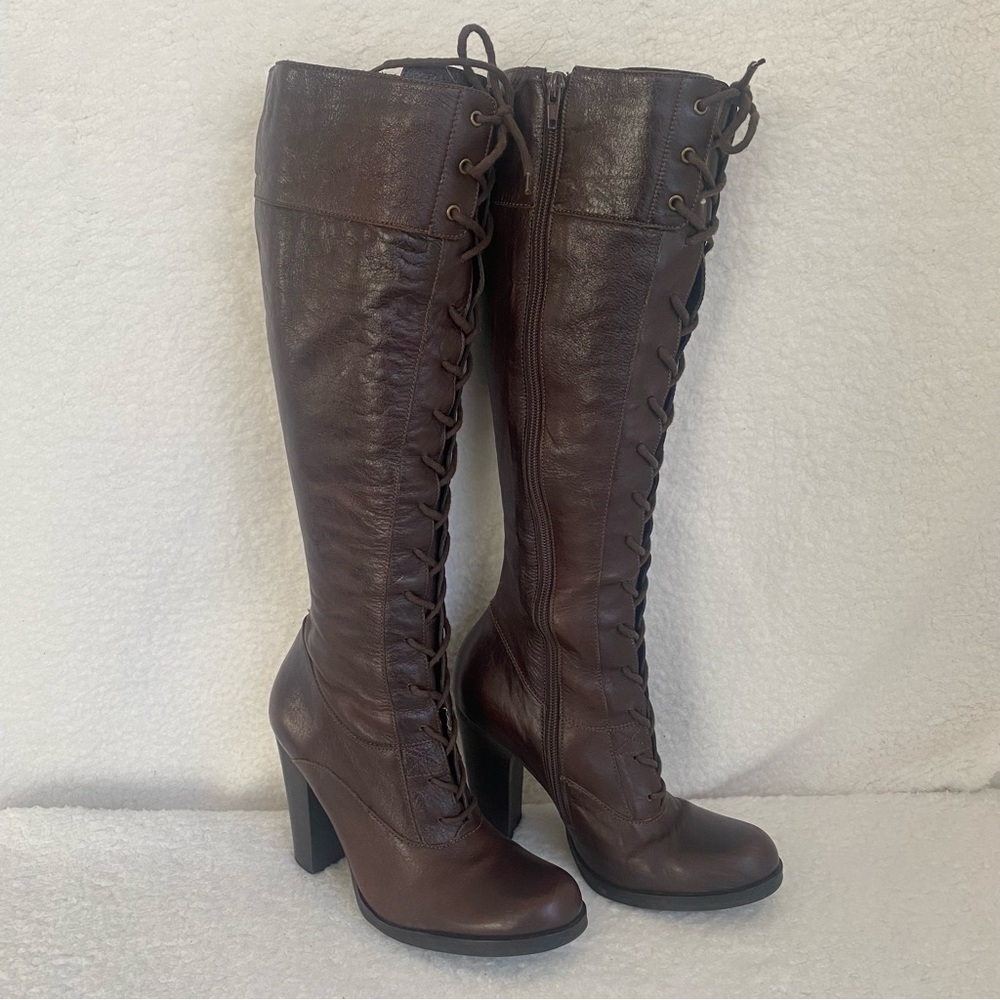 Mia Size 8 Leather Knee High Boots Lace Up Zip Up Block Heel Brown Bohemian